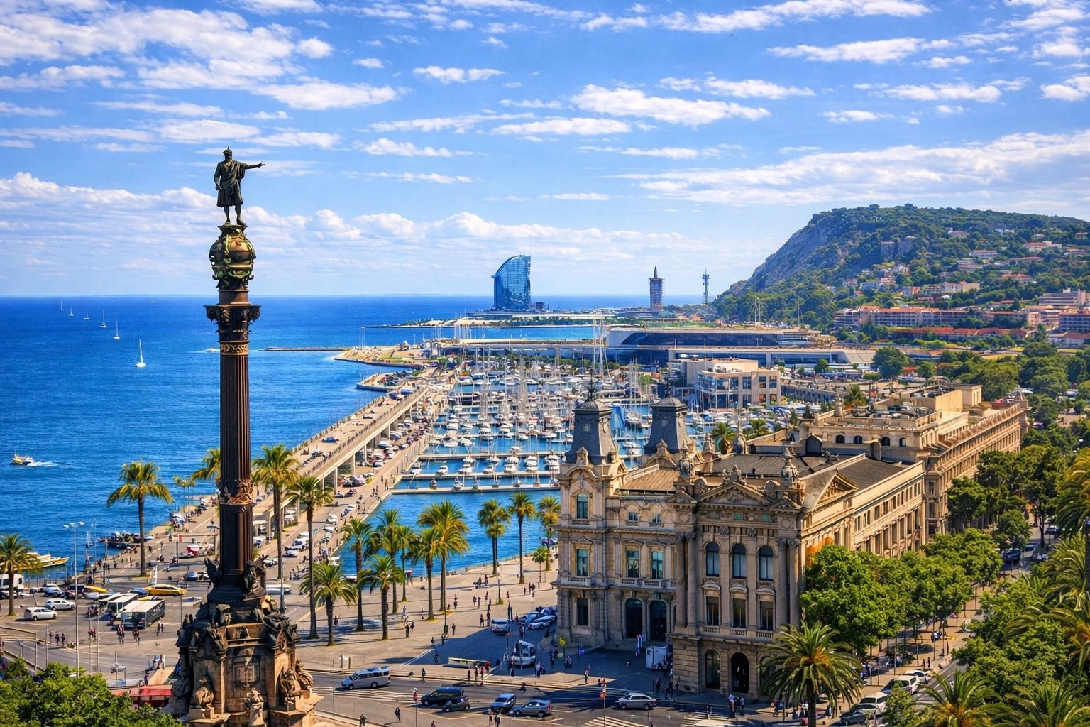 Barcelona port and Columbus Monument view