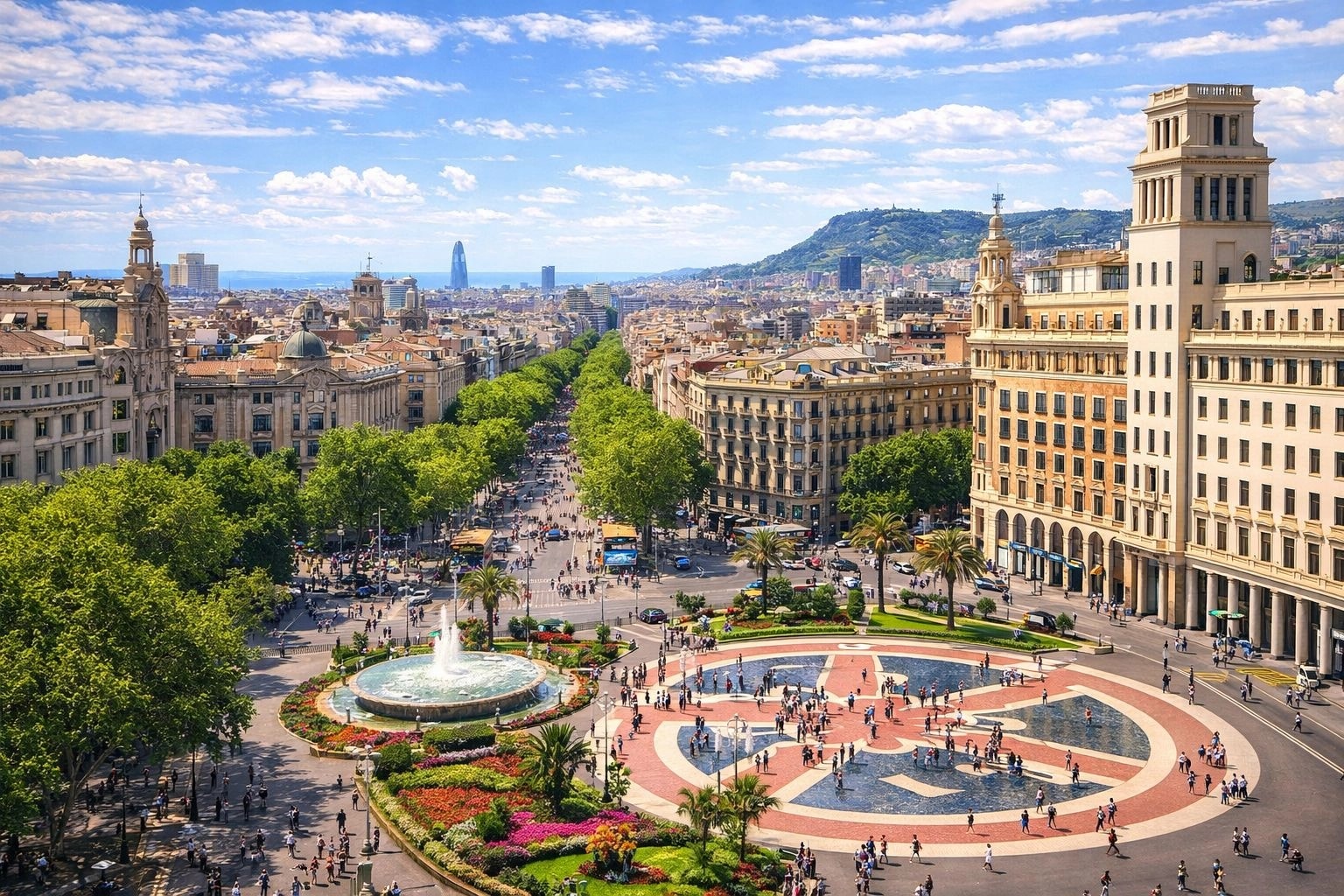Barcelona city center Plaça Catalunya and Las Ramblas