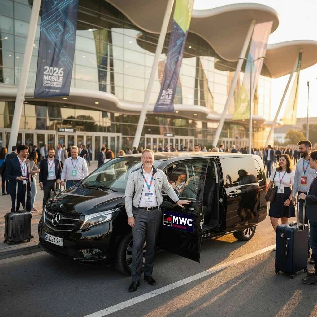 Chauffeur service at Mobile World Congress 2026 Barcelona with Mercedes V-Class vehicle outside Fira Barcelona